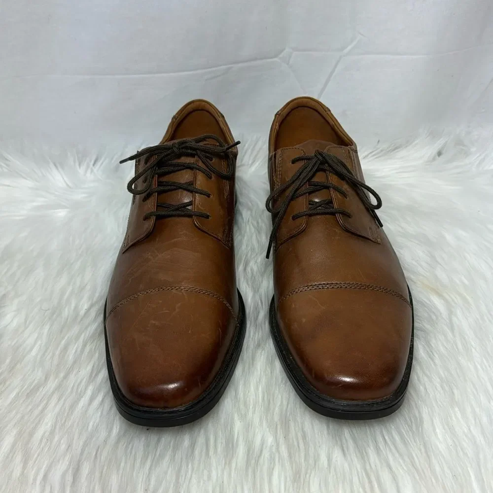 Clarks Tilden Cap Toe‎ Dark Tan Leather Oxfords Sz 10.5